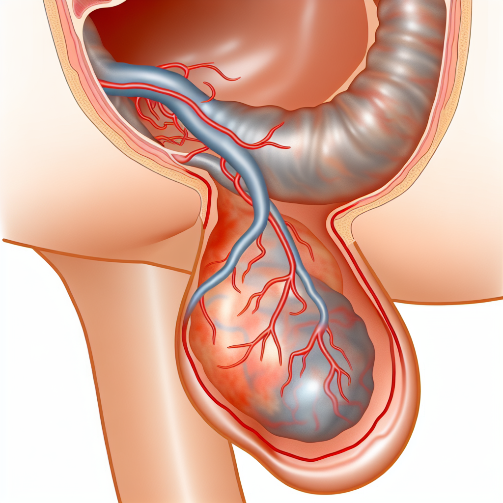 An image of enlarged and twisted veins in the spermatic cord causing swelling and discomfort in the scrotum.